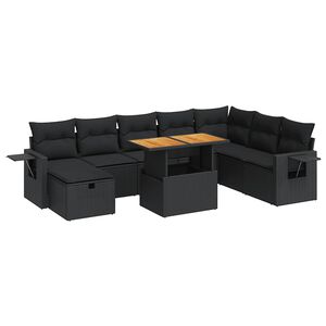 vidaXL 9 Piece Garden Sofa Set with Cushions Black Poly Rattan Acacia