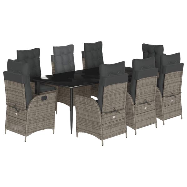 vidaXL 9 Piece Garden Dining Set with Cushions Grey Poly Rattan
