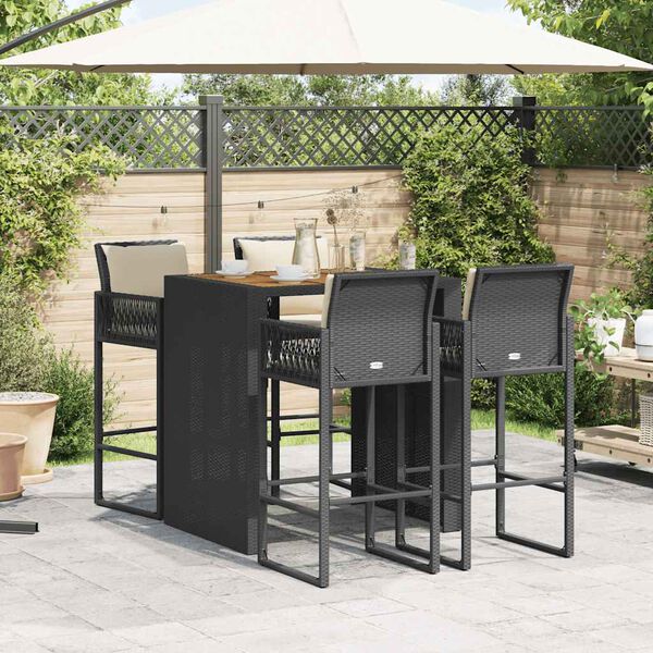 vidaXL 5 Piece Garden Bar Set with Cushions Black Poly Rattan Acacia
