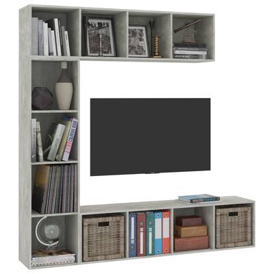 vidaXL 3 Piece Book/TV Cabinet Set Concrete Grey 180x30x180 cm