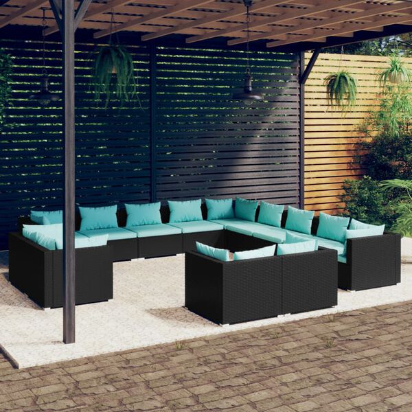 vidaXL 13 Piece Garden Lounge Set with Cushions Black Poly Rattan