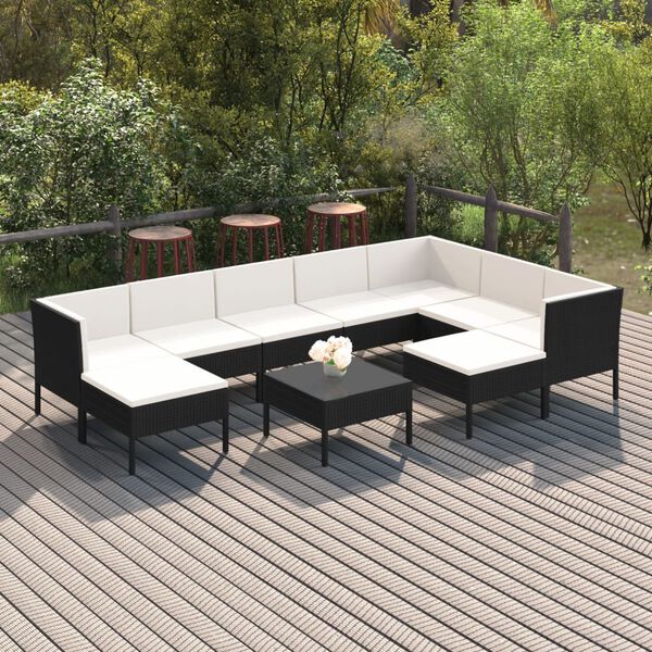 vidaXL 10 Piece Garden Lounge Set with Cushions Poly Rattan Black
