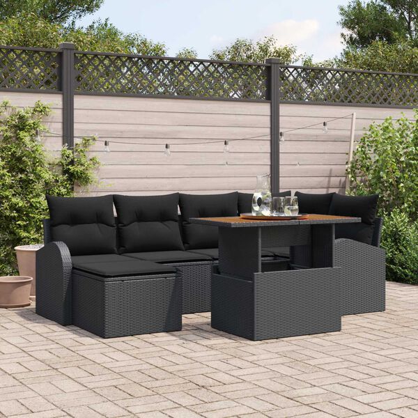 vidaXL Garden Sofa Set with Storage 7 pcs Black Poly rattan