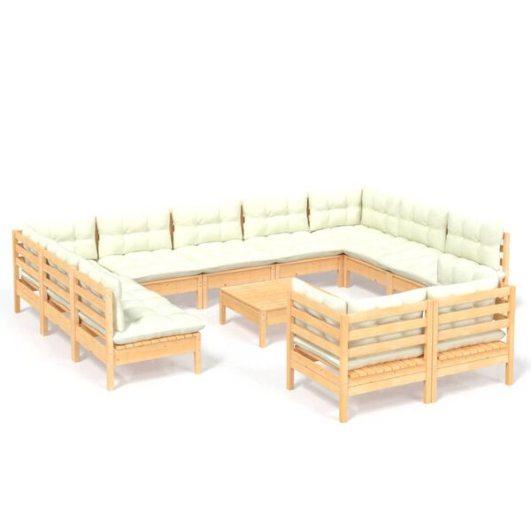 vidaXL 12 Piece Garden Lounge Set with Cream Cushions Solid Pinewood