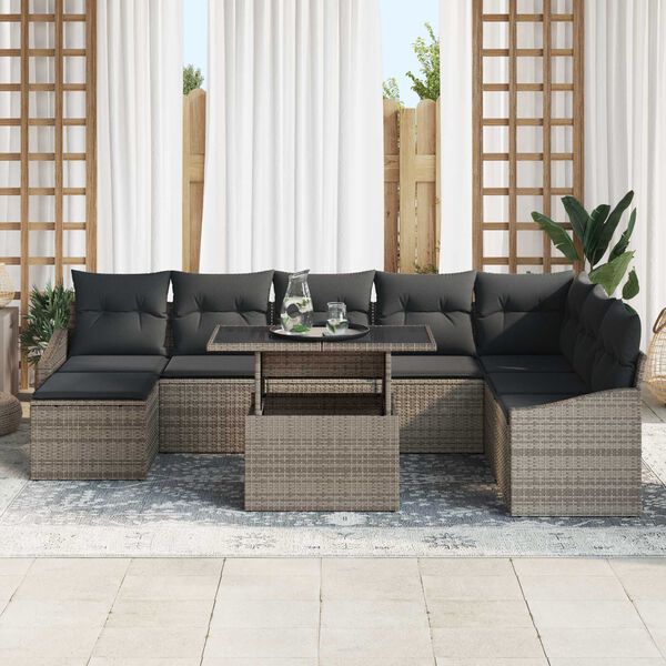 vidaXL Garden Sofa Set 9 pcs Grey Poly Rattan and Powder-Coated Steel