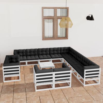 vidaXL 14 Piece Garden Lounge Set with Cushions White Solid Pinewood