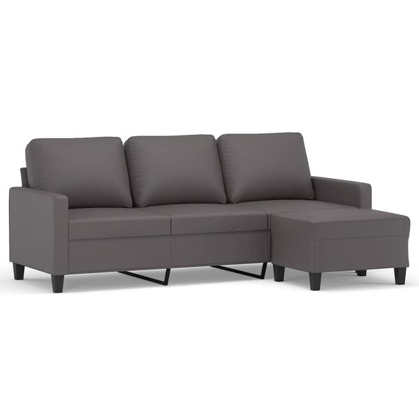 vidaXL 3-Seater Sofa with Footstool Grey 180 cm Faux Leather