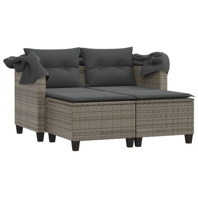 vidaXL Garden Sofa 2-Seater with Canopy and Stools Grey Poly Rattan
