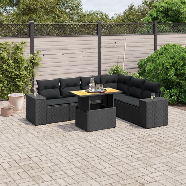 vidaXL 7 Piece Garden Sofa Set with Cushions Black Poly Rattan