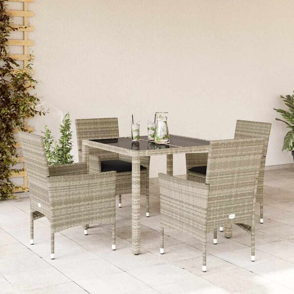 vidaXL 5 Piece Garden Dining Set with Cushions Light Grey Poly Rattan and Glass