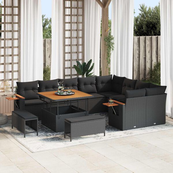vidaXL Garden Sofa Set with Cushion 13 pcs Black Poly Rattan