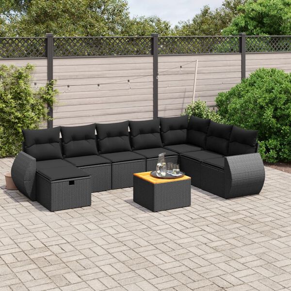 vidaXL 9 Piece Garden Sofa Set with Cushions Black Poly Rattan