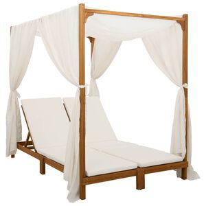 vidaXL Double Sun Lounger with Canopy and Curtains Solid Acacia Wood