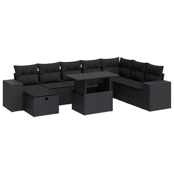 vidaXL 9 Piece Garden Sofa Set with Cushions Black Poly Rattan