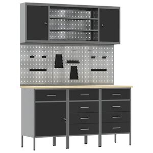 vidaXL Work Cabinet 7 pcs Black and Grey Engineered Wood and Steel