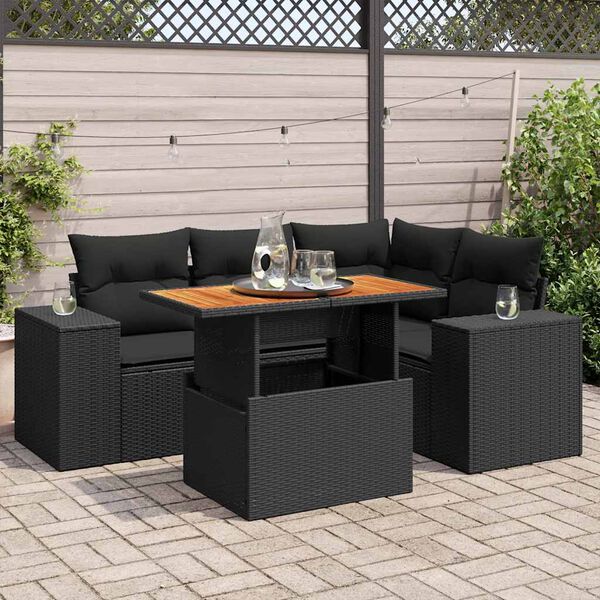 vidaXL 5 Piece Garden Sofa Set with Cushions Black Poly Rattan