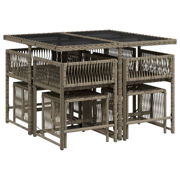 vidaXL 9 Piece Garden Dining Set with Cushions Grey Poly Rattan