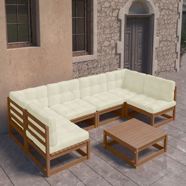 vidaXL 7 Piece Garden Lounge Set&Cushions Honey Brown Solid Pinewood