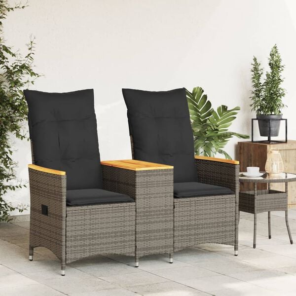vidaXL Reclining Garden Sofa 2-Seater with Table Grey Poly Rattan