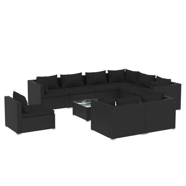vidaXL 10 Piece Garden Lounge Set with Cushions Poly Rattan Black
