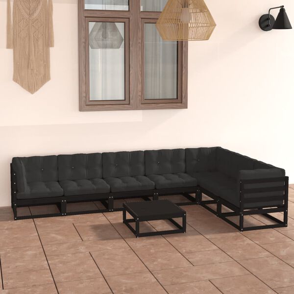 vidaXL 8 Piece Garden Lounge Set with Cushions Black Solid Pinewood