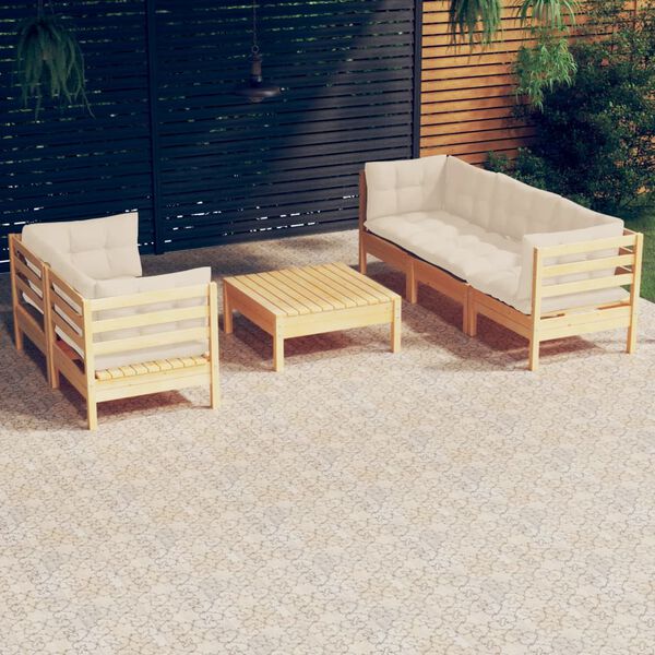 vidaXL 6 Piece Garden Lounge Set with Cream Cushions Pinewood