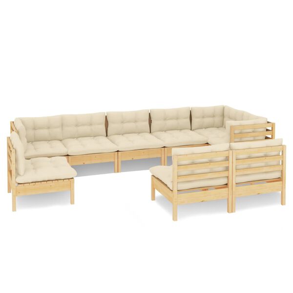vidaXL 9 Piece Garden Lounge Set with Cream Cushions Solid Pinewood