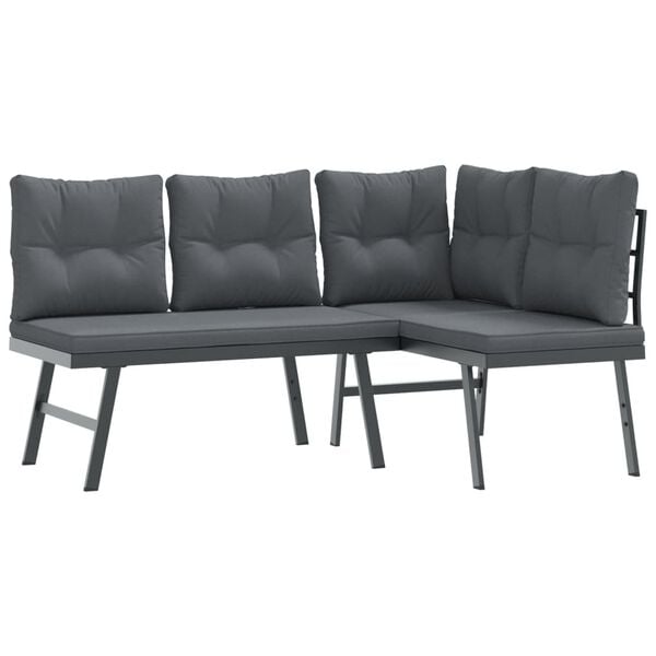 vidaXL 3 Piece Garden Bench Set with Cushions Black Powder-coated Steel
