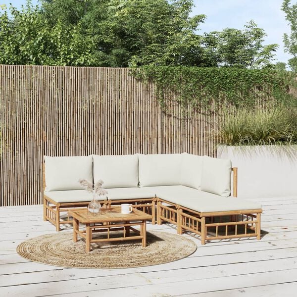 vidaXL 6 Piece Garden Lounge Set with Cream White Cushions Bamboo