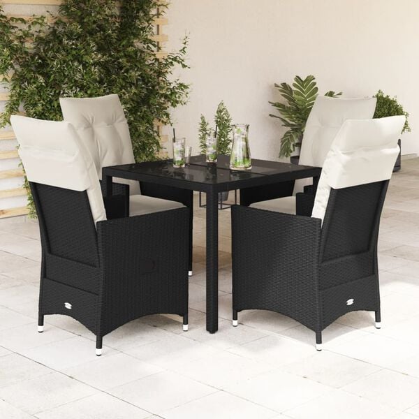 vidaXL 5 Piece Garden Dining Set with Cushions Black Poly Rattan