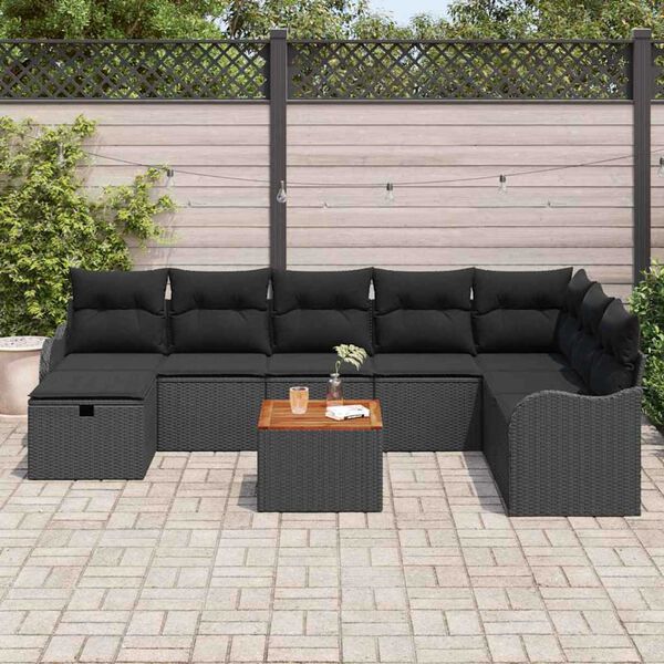 vidaXL Garden Sofa Set with Cushion 9 pcs Black Poly rattan
