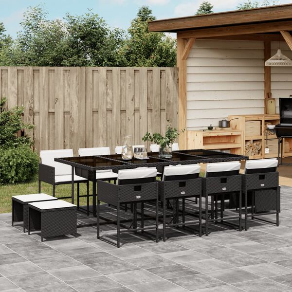 vidaXL 13 Piece Garden Dining Set with Cushions Black Poly Rattan