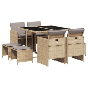 vidaXL 9 Piece Garden Dining Set with Cushions Mix Beige Poly Rattan