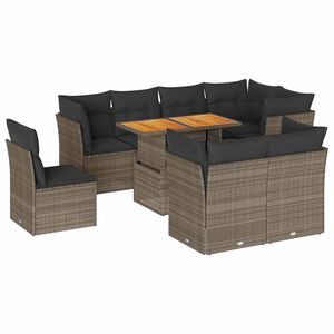 vidaXL 9 Piece Garden Sofa Set with Cushions Grey Poly Rattan