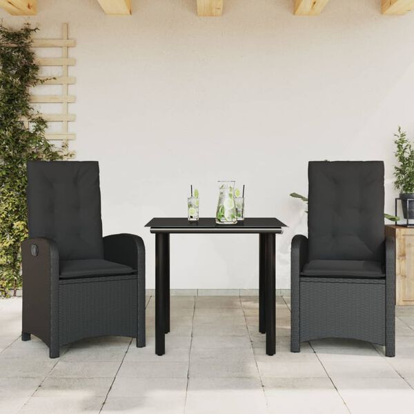 vidaXL 3 Piece Garden Dining Set with Cushions Black Poly Rattan