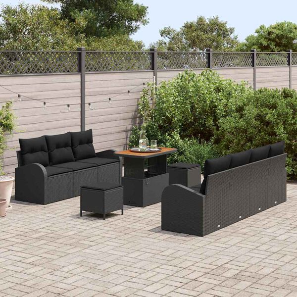 vidaXL Garden Sofa Set with Cushion 10 pcs Black Poly Rattan
