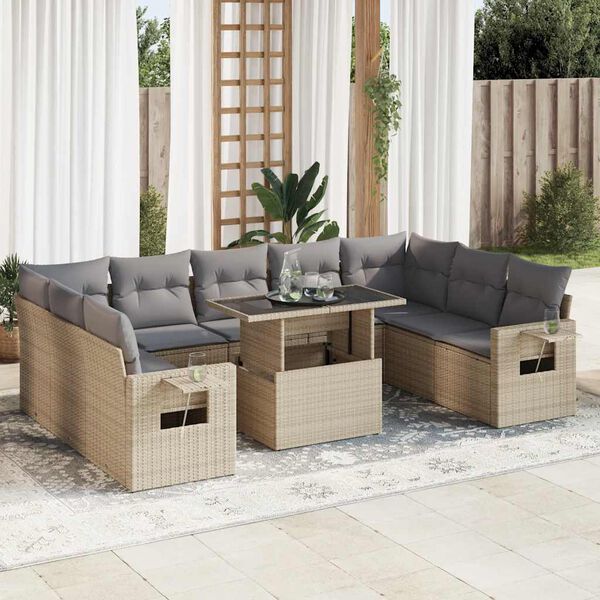 vidaXL 10 Piece Garden Sofa Set with Cushions Beige Poly Rattan