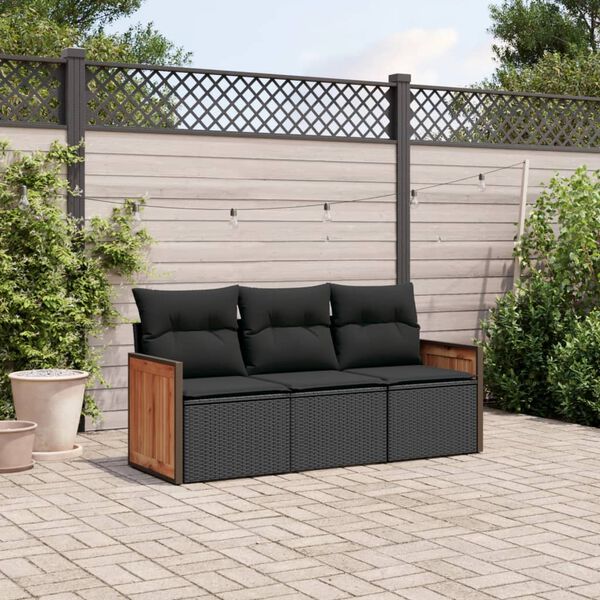 vidaXL 3 Piece Garden Sofa Set with Cushions Black Poly Rattan