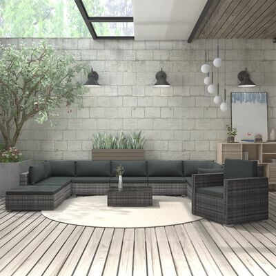vidaXL 11 Piece Garden Lounge Set with Cushions Poly Rattan Grey