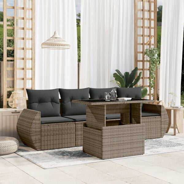 vidaXL 5 Piece Garden Sofa Set with Cushions Grey Poly Rattan