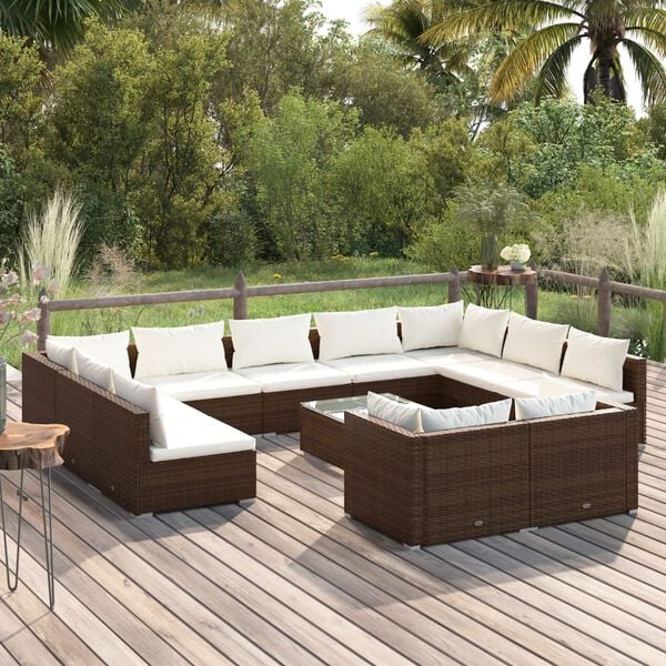 vidaXL 12 Piece Garden Lounge Set with Cushions Brown Poly Rattan