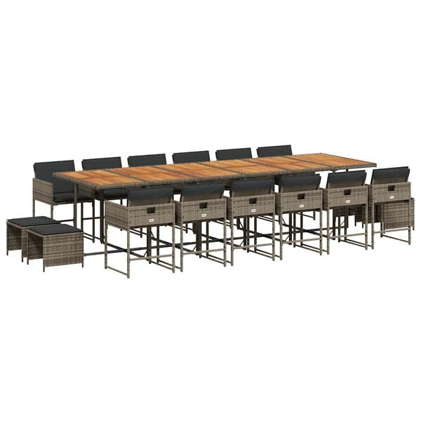 vidaXL 17 Piece Garden Dining Set with Cushions Grey Poly Rattan