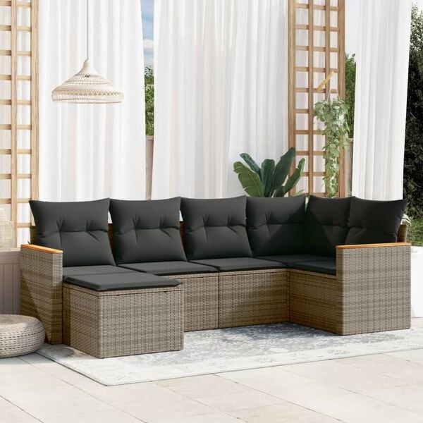 vidaXL 6 Piece Garden Sofa Set with Cushions Grey Poly Rattan