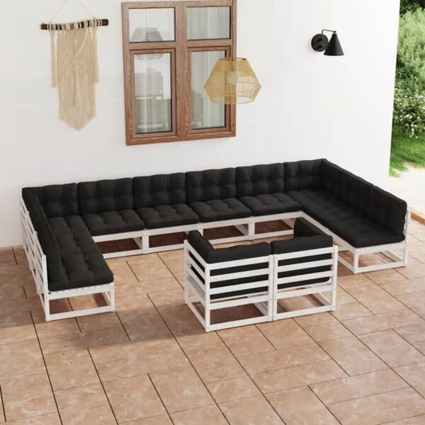 vidaXL 12 Piece Garden Lounge Set with Cushions White Solid Pinewood