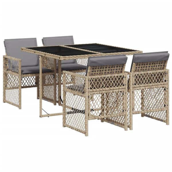 vidaXL 5 Piece Garden Dining Set with Cushions Beige Poly Rattan