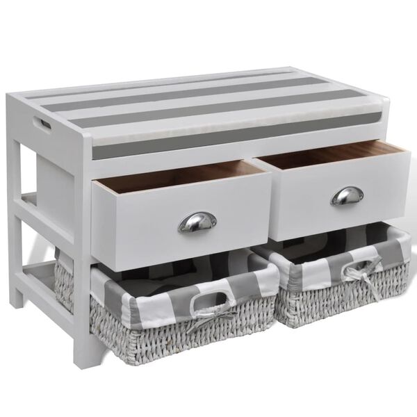 White Storage & Entryway Bench with Cushion Top 2 Drawer 2 Basket
