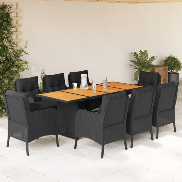 vidaXL 9 Piece Garden Dining Set with Cushions Black Poly Rattan