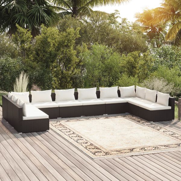 vidaXL 10 Piece Garden Lounge Set with Cushions Poly Rattan Black
