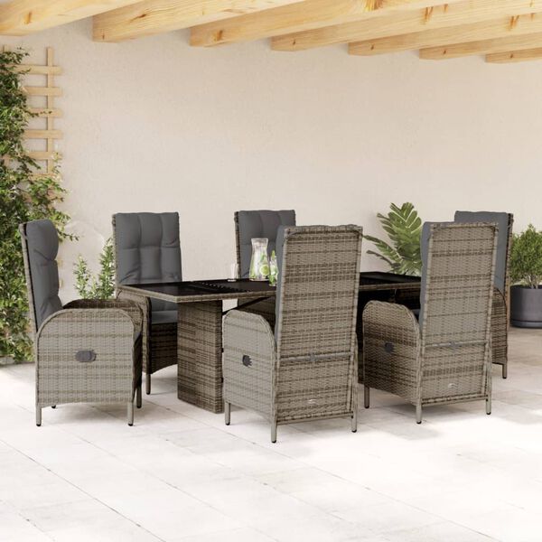 vidaXL 7 Piece Garden Dining Set with Cushions Grey Poly Rattan