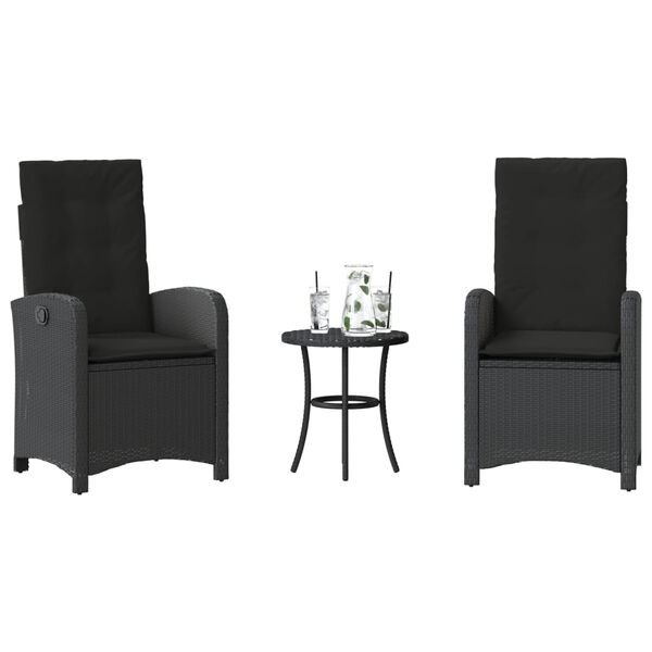 vidaXL 3 Piece Bistro Set with Cushions Black Poly Rattan